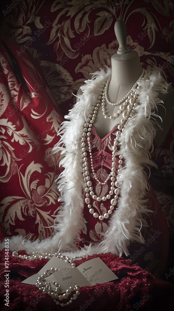 A high fashion setting with luxurious fabrics, a string of pearls, a feather boa and a blank valentine's card. Vertical orientation. 