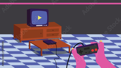 80s style gaming illustration, playing video games on retro game console