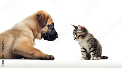 Friendship photo of cat and dog looking at each other