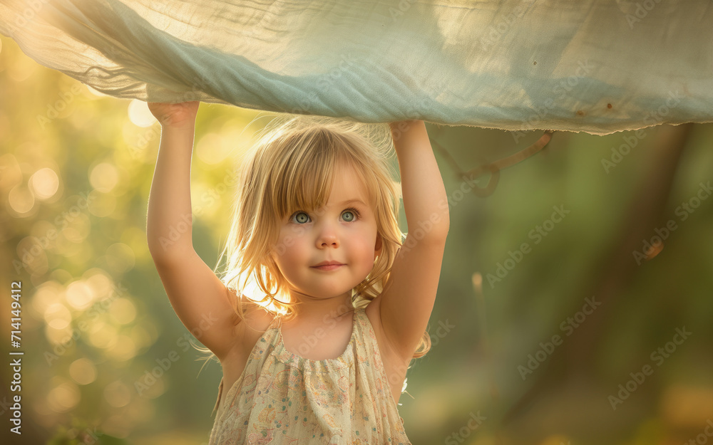 A little girl hanging a piece of cloth - obrazy, fototapety, plakaty 