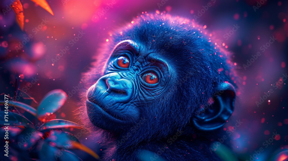 detailed illustration of a print of colorful baby gorilla