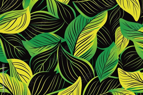 Green and Yellow Leaf Pattern on Black Background