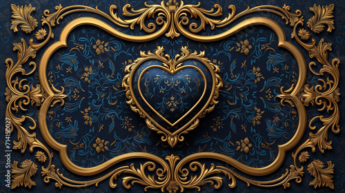 Background, illustration, blue art deco heart embellished with gold decoration on blue background, valentine's card photo