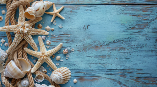 Beautiful starfish, shells on wooden background, with sea ropes and stars