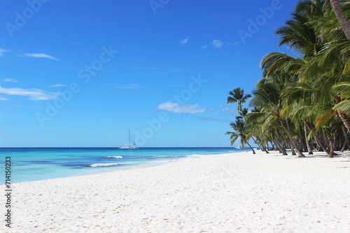 Beach with white sand and palm trees on a tropical island in the Caribbean