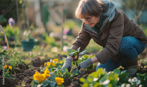 Middle aged woman plants flowers in the garden. Spring time photo