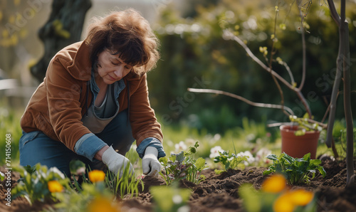 Middle aged woman in gloves plants flowers in the garden. Spring time