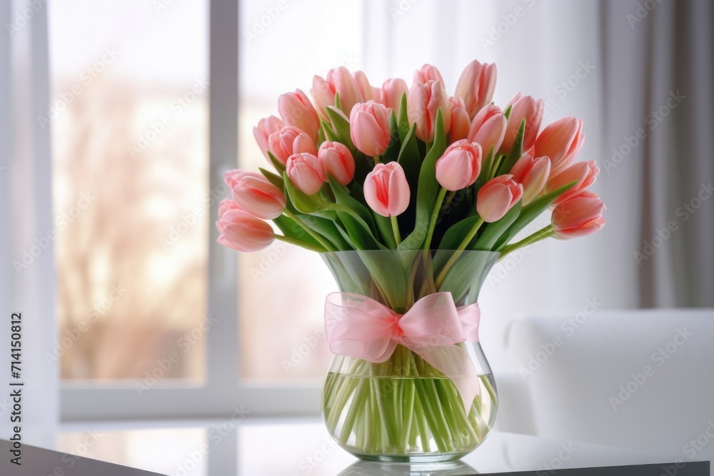 A bouquet of tulips in a vase with a ribbon on a table in a bright room. A bouquet of tulips in a vase with a ribbon on a table in a bright room.