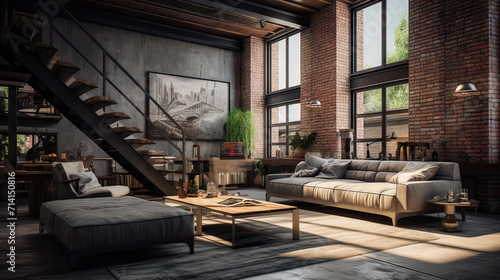 Industrial Style Loft Apartment with arch windows and indoor balcony
