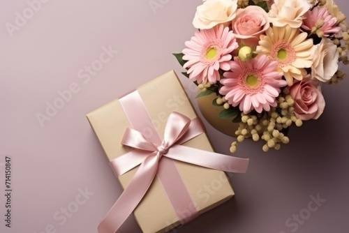 Bouquet of flowers with gift on light background, space for text. Birthday greetings, March 8, Mother's Day. © Наталья Майшева
