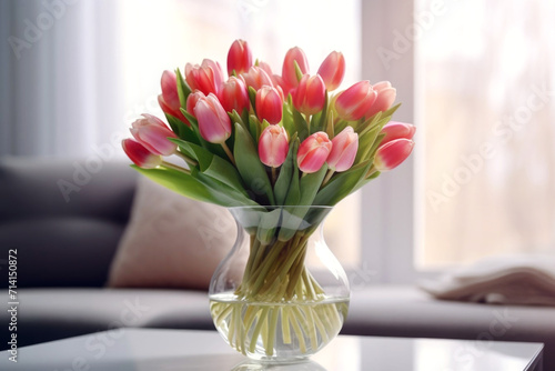A bouquet of tulips in a vase with a ribbon on a table in a bright room. © Наталья Майшева