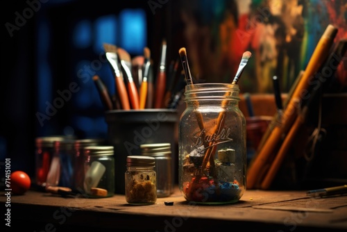 Art and craft tools on rustic background. photo
