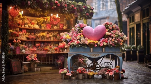 A vibrant flower market stall with heart-shaped floral arrangements, presenting space for text overlay amid the colorful Valentine's Day blooms - Generative AI