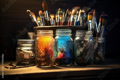 Art and craft tools on rustic background.