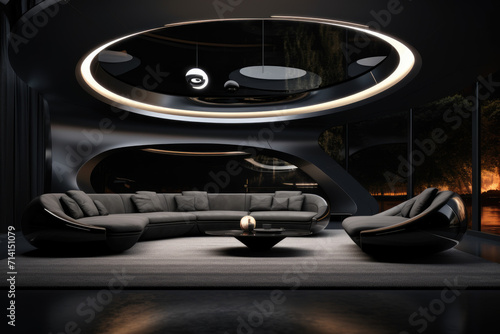 Futuristic modern living room interior with black color armchairs and decors