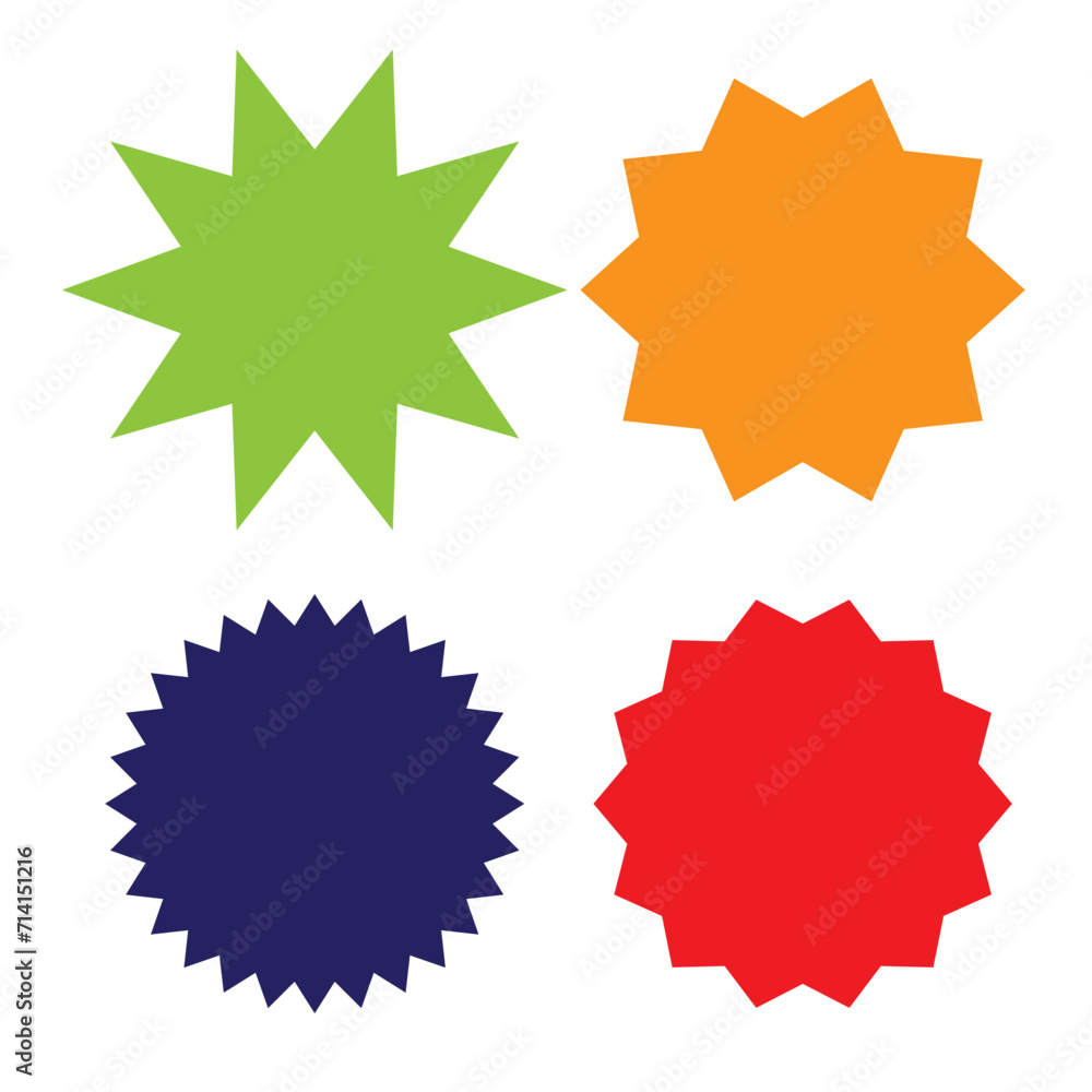 Set of vector starburst, sunburst badges. ten different color. Simple flat style Vintage labels. Design elements. Colored stickers. A collection of different types and colors icon. eps 10