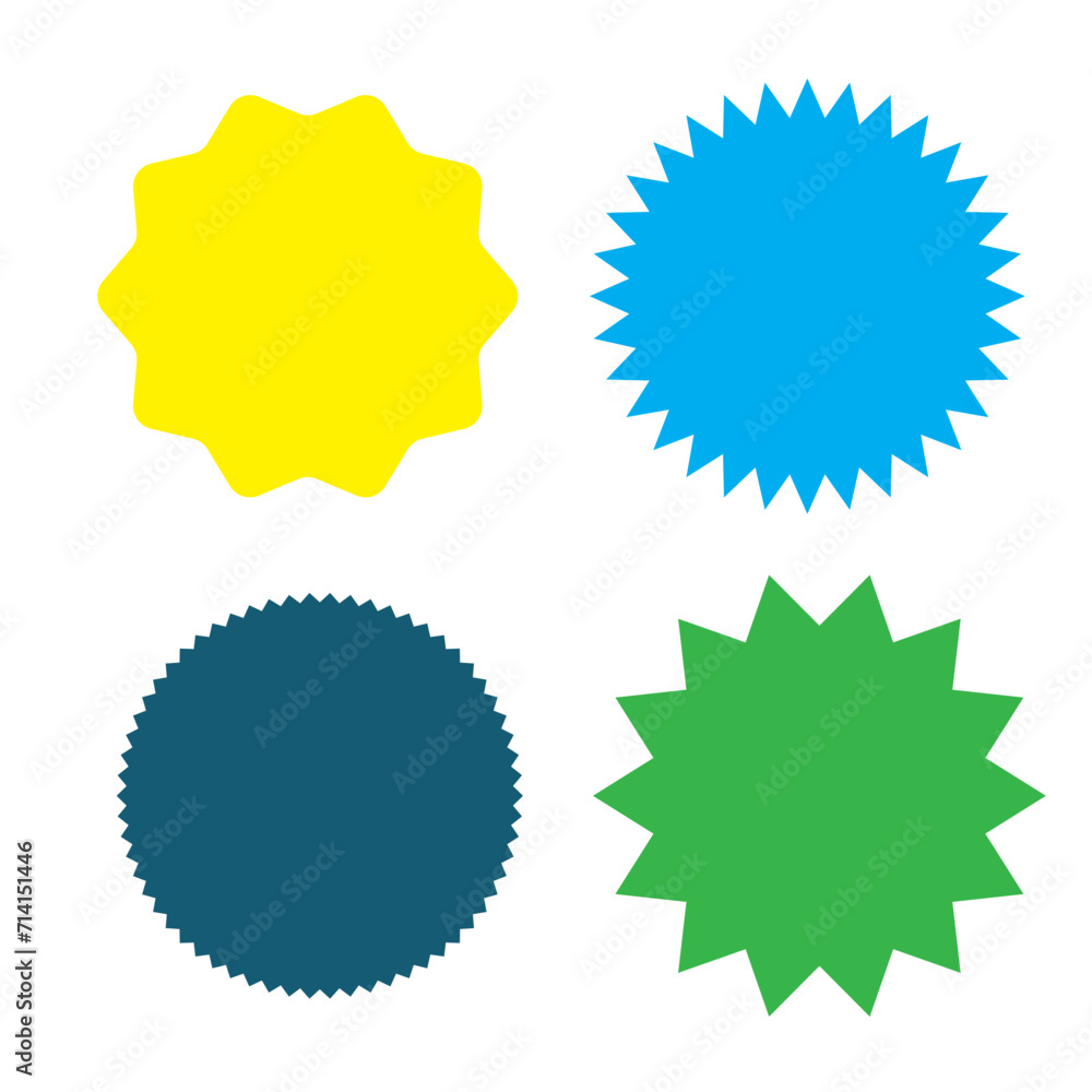 Set of vector starburst, sunburst badges. Nine different color. Simple flat style Vintage labels. Design elements. Colored stickers. A collection of different types and colors icon Set of vector starburst, sunburst badges. Nine different color. Simple flat style Vintage labels. Design elements. Colored stickers. A collection of different types and colors icon