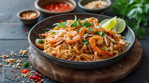 Pad thai noodles with shrimps photo
