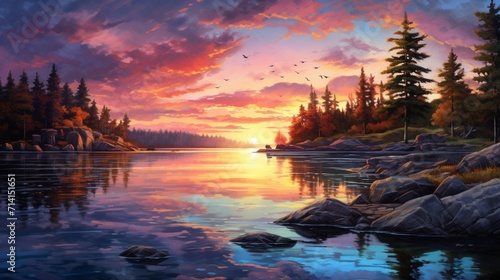 A vibrant sunrise over a tranquil lakeside, with colorful hues reflecting on the calm waters, portraying the serene beauty of a morning lakeshore - Generative AI