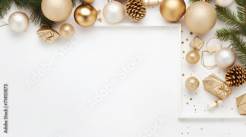 Elegant Christmas Greeting Card with Classic Decorations, Gifts, and Fir-Tree on a White Background - Perfect for Holiday Promotions and Festive Messages
