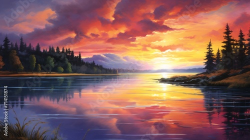 A vibrant sunrise over a tranquil lakeside, with colorful hues reflecting on the calm waters, portraying the serene beauty of a morning lakeshore - Generative AI © Huzaifa