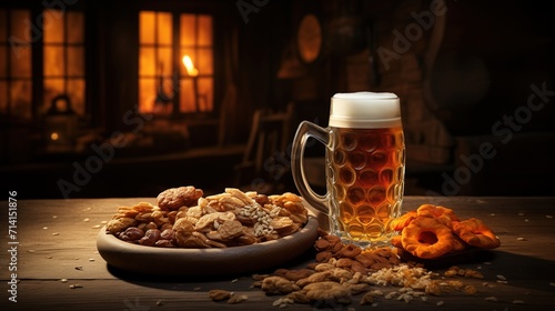 Mug of beer stands with snaks on wooden mug in dark basemen photo