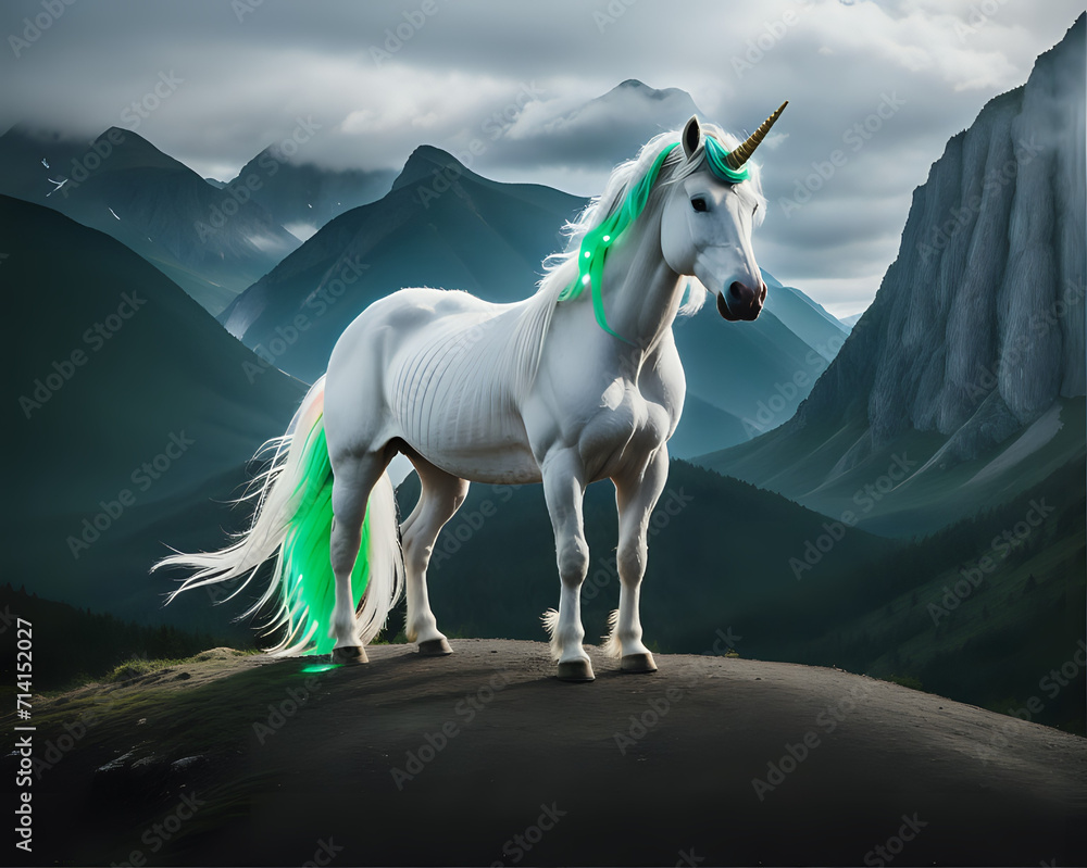 a white unicorn with green mane standing in front of a mountains a white unicorn with green mane standing in front of a mountains