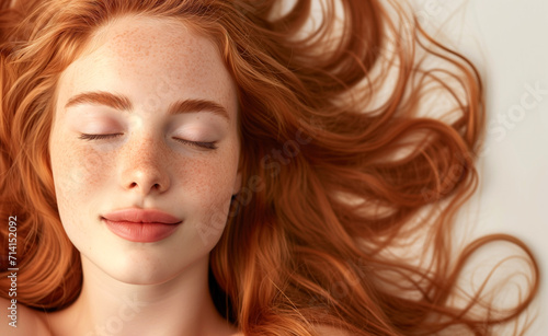 Serene Ginger Beauty. Close-Up of a Young Woman with Freckles Enjoying a Relaxing Moment