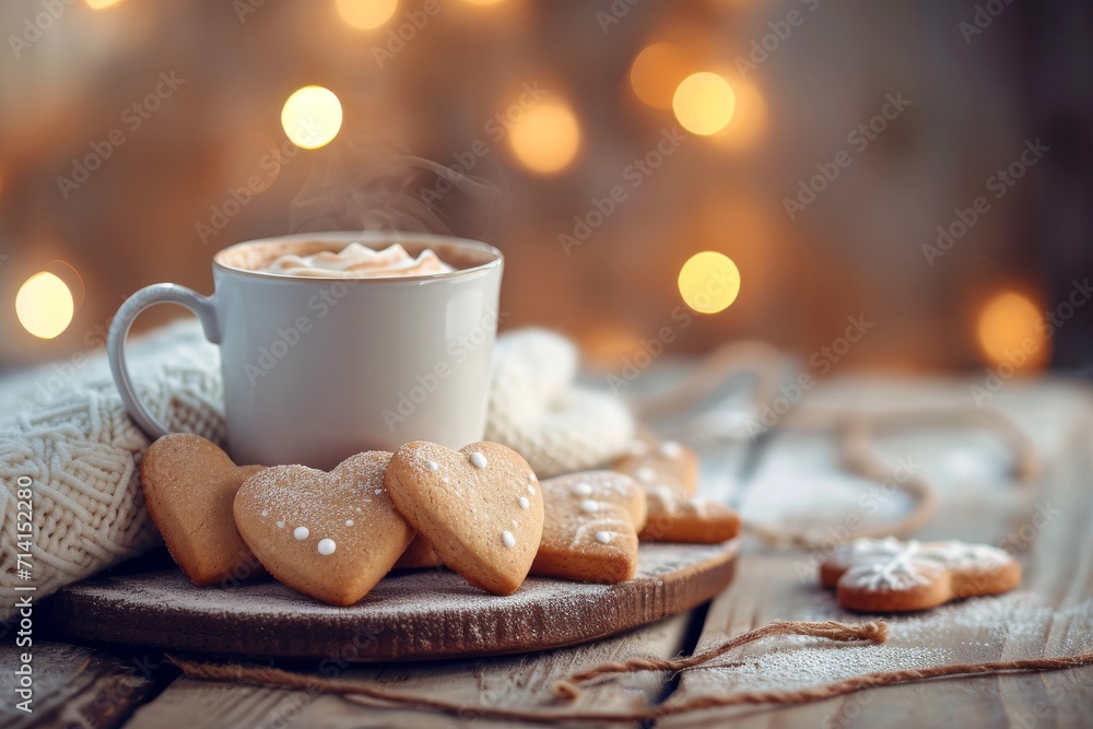 Hear shaped cookies and hot drink Hear shaped cookies and hot drink