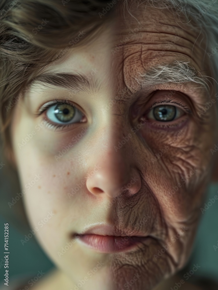 A woman's face, half young, half old, with wrinkles. Aging concept. A woman's face, half young, half old, with wrinkles. Aging concept.