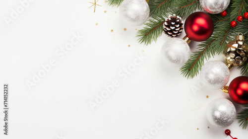 Elegant Christmas Greeting Card with Classic Decorations, Gifts, and Fir-Tree on a White Background - Perfect for Holiday Promotions and Festive Messages © Spear