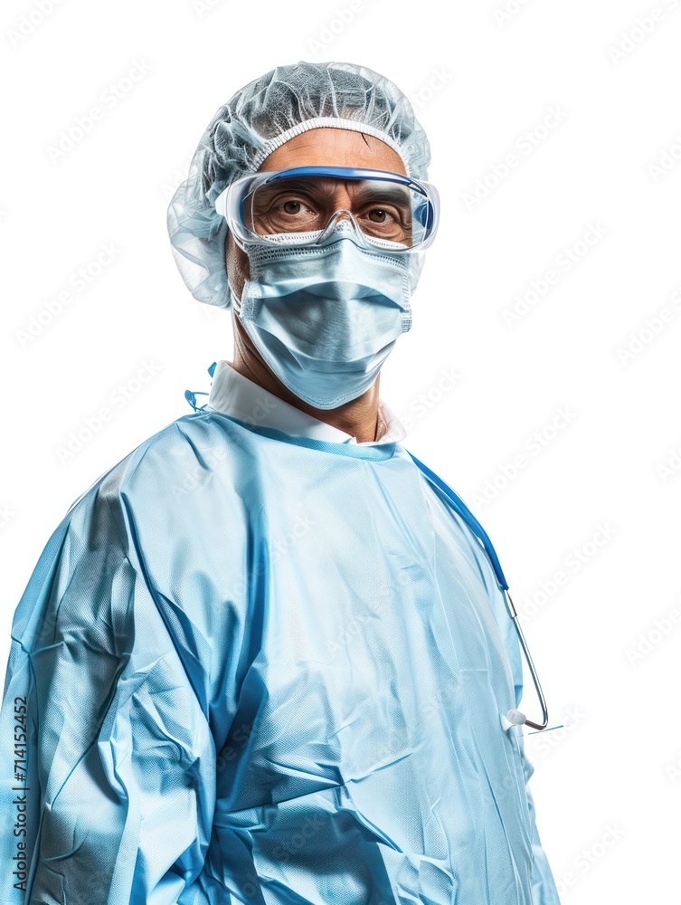 A doctor wearing a blue gown, a hairnet, and a mask. A doctor wearing a blue gown, a hairnet, and a mask.
