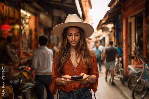 Girl using phone on the streets of Latin America
