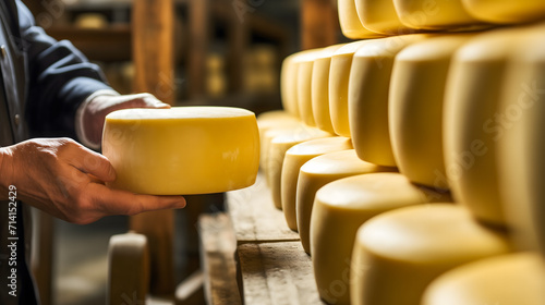 Un fromager en train de ranger des meules de fromage pour l'affinage.  photo