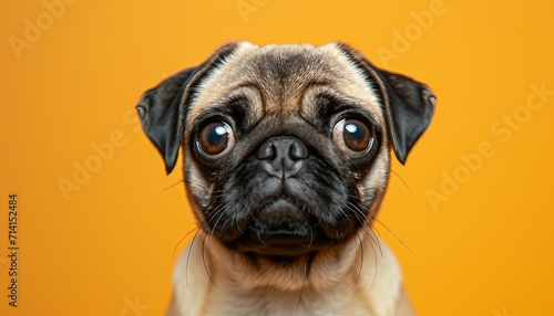 adorable and expressive face of a Pug against a radiant yellow background, showcasing the breed's irresistible cuteness, Pug on  yellow background © mh.desing