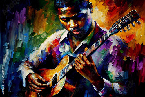 Sertanejo music perfomance digital illustration, musician at the night street impressionism style painting, brasilian artist with instruments festival photo