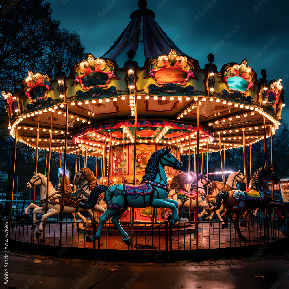Whimsical carousel with colorful lights and horses 