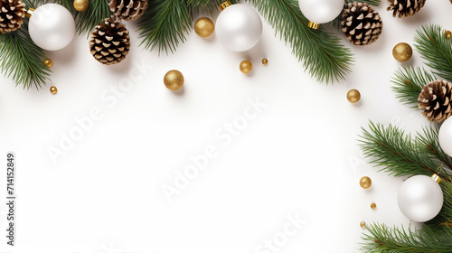 Elegant Christmas Greeting Card with Classic Decorations, Gifts, and Fir-Tree on a White Background - Perfect for Holiday Promotions and Festive Messages