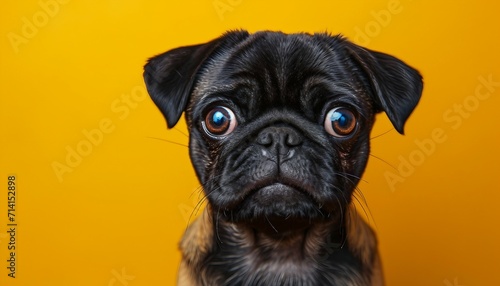 adorable and expressive face of a Pug against a radiant yellow background, showcasing the breed's irresistible cuteness, Pug on  yellow background © mh.desing