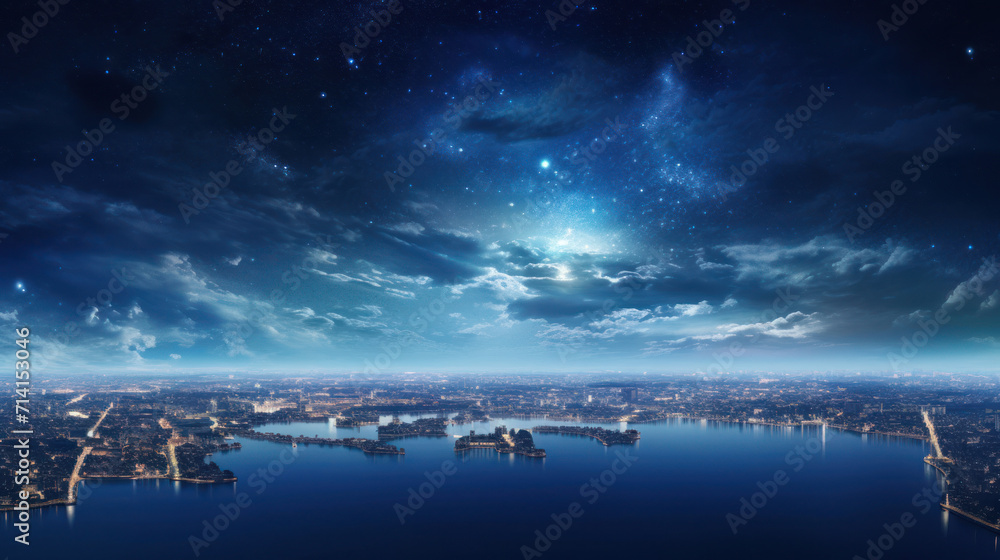 Panoramic space perspective on Earths magic,  with city lights twinkling amidst the delicate tapestry of light clouds that transform gracefully with the seasons