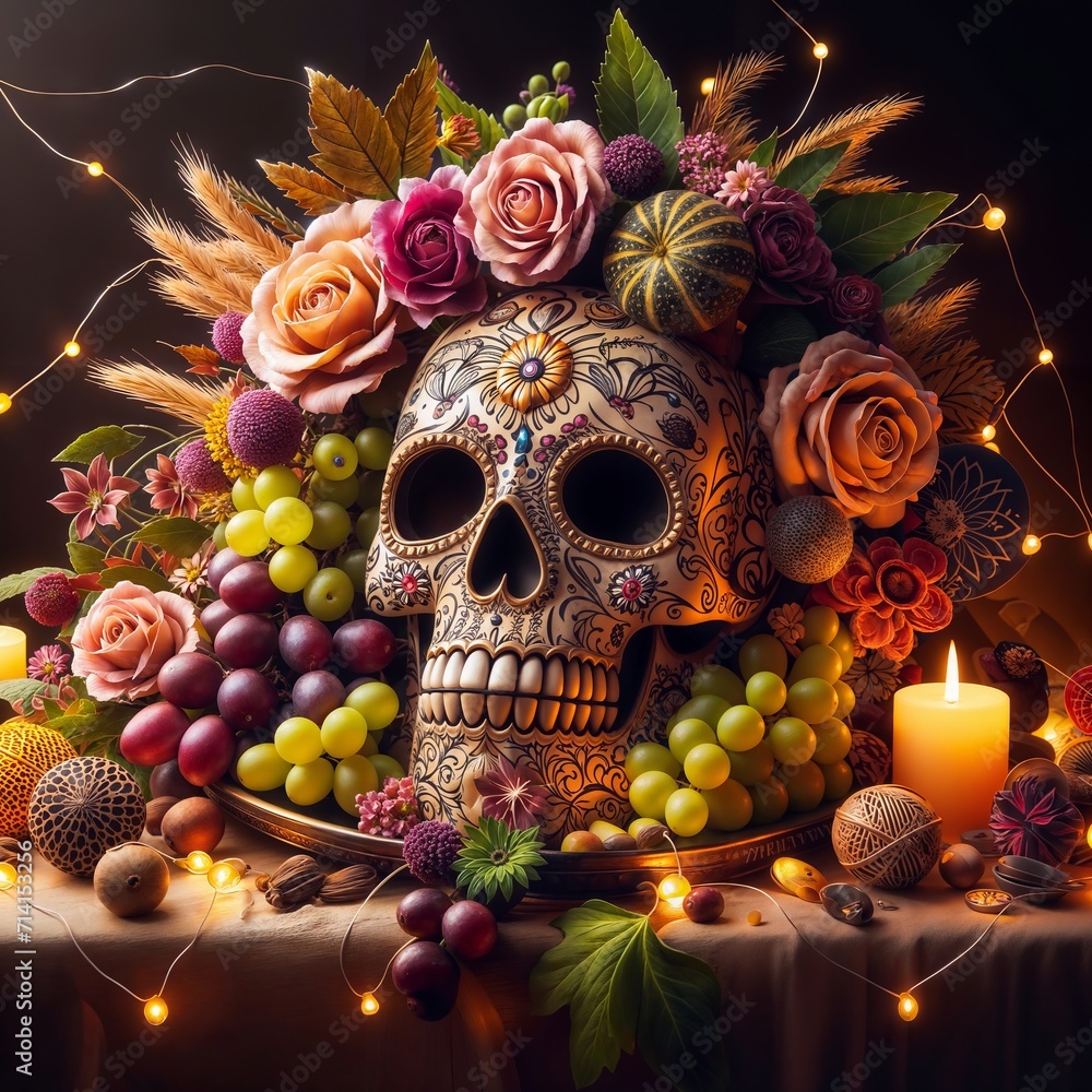 Day of the Dead Sugar Skull with flowers and fruits on dark background