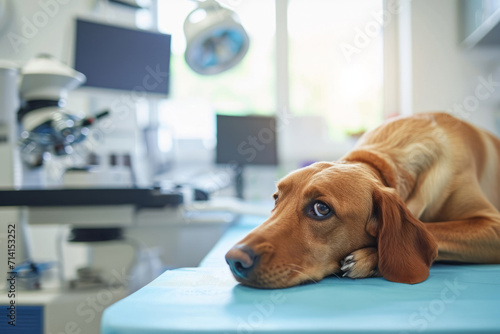 The dog in a veterinarian's office during a doctor's appointment. The dog lies on the table in the medical office. AI generative