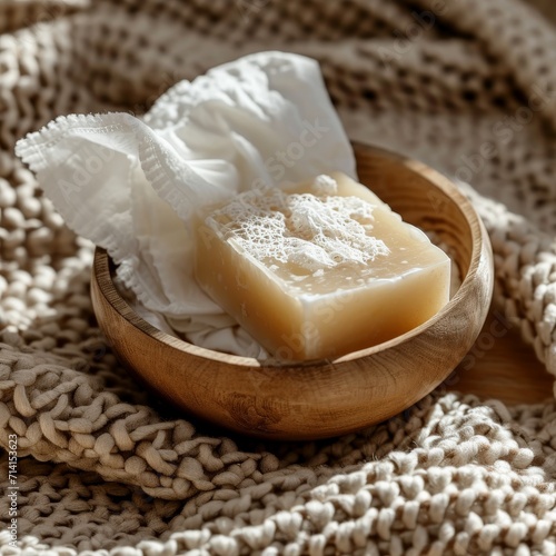 Wooden Bowl Filled With Soap on Blanket