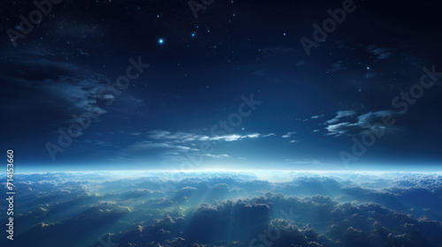 Celestial elegance in a panoramic space perspective on Earth   where city lights twinkle amid light clouds that evolve with the rhythm of the seasons