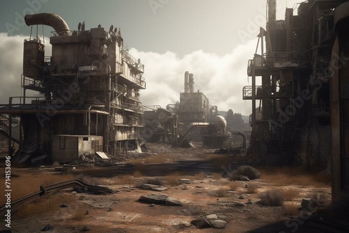 An unsettling and desolate view of a futuristic post-apocalyptic industrial backdrop. Generative AI
