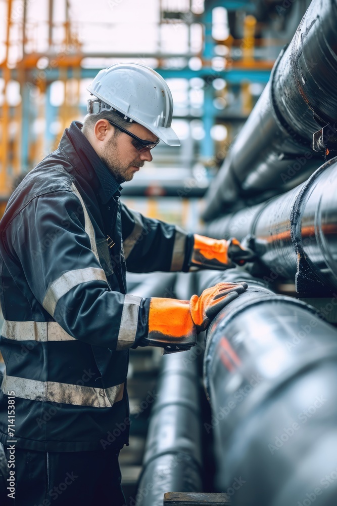 Male worker inspection at steel long pipes and pipe elbow in station oil factory during refinery valve of visual check record pipeline oil and gas industry. - obrazy, fototapety, plakaty 