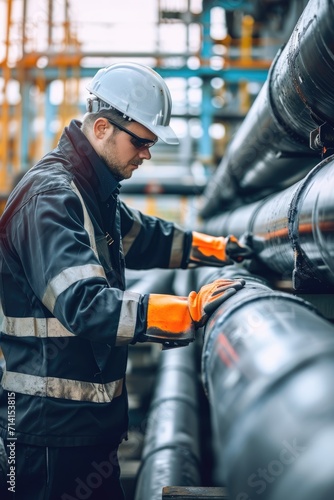 Male worker inspection at steel long pipes and pipe elbow in station oil factory during refinery valve of visual check record pipeline oil and gas industry. photo