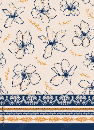 Hand drawn bloomy flowers seamless repeat pattern with editable border print tilel. Random placed, botany and traditional boho striped aop all over surface print. photo