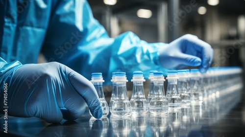 Hand with sanitary gloves check Medical vials on production line at pharmaceutical factory,