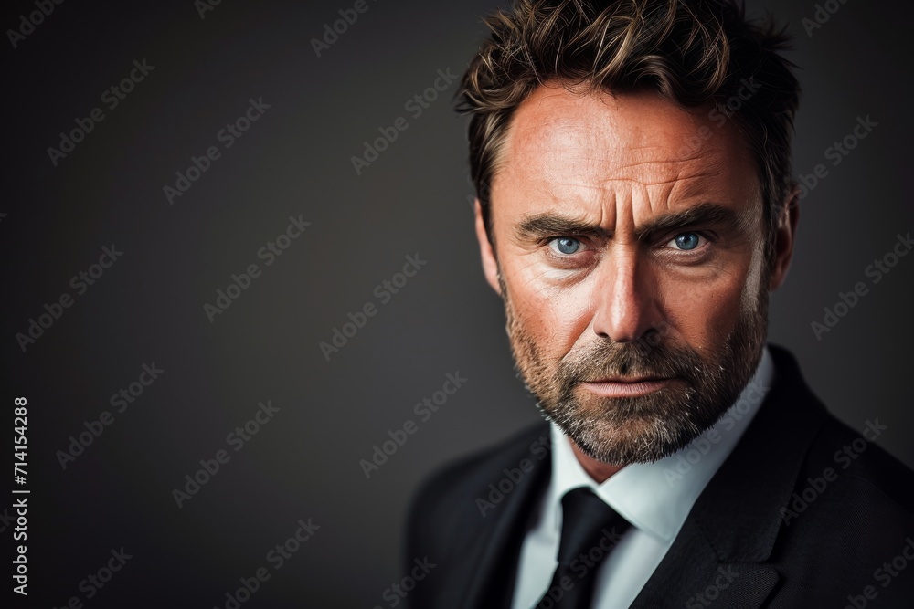 A close-up portrait of a mature businessman with a serious and determined expression on a grey background. A close-up portrait of a mature businessman with a serious and determined expression on a grey background.